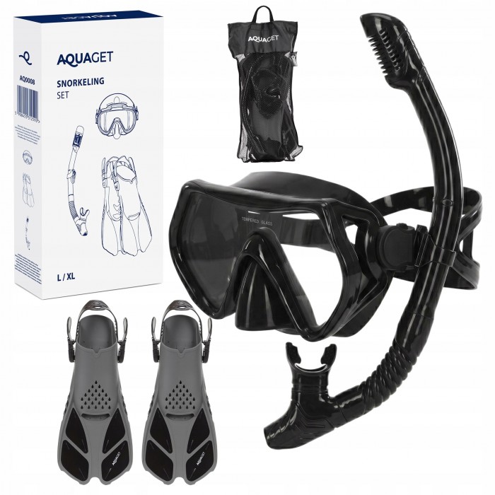 Набір для снорклінгу Aquaget маска із трубкою та ласти AQ0008 Black/Grey