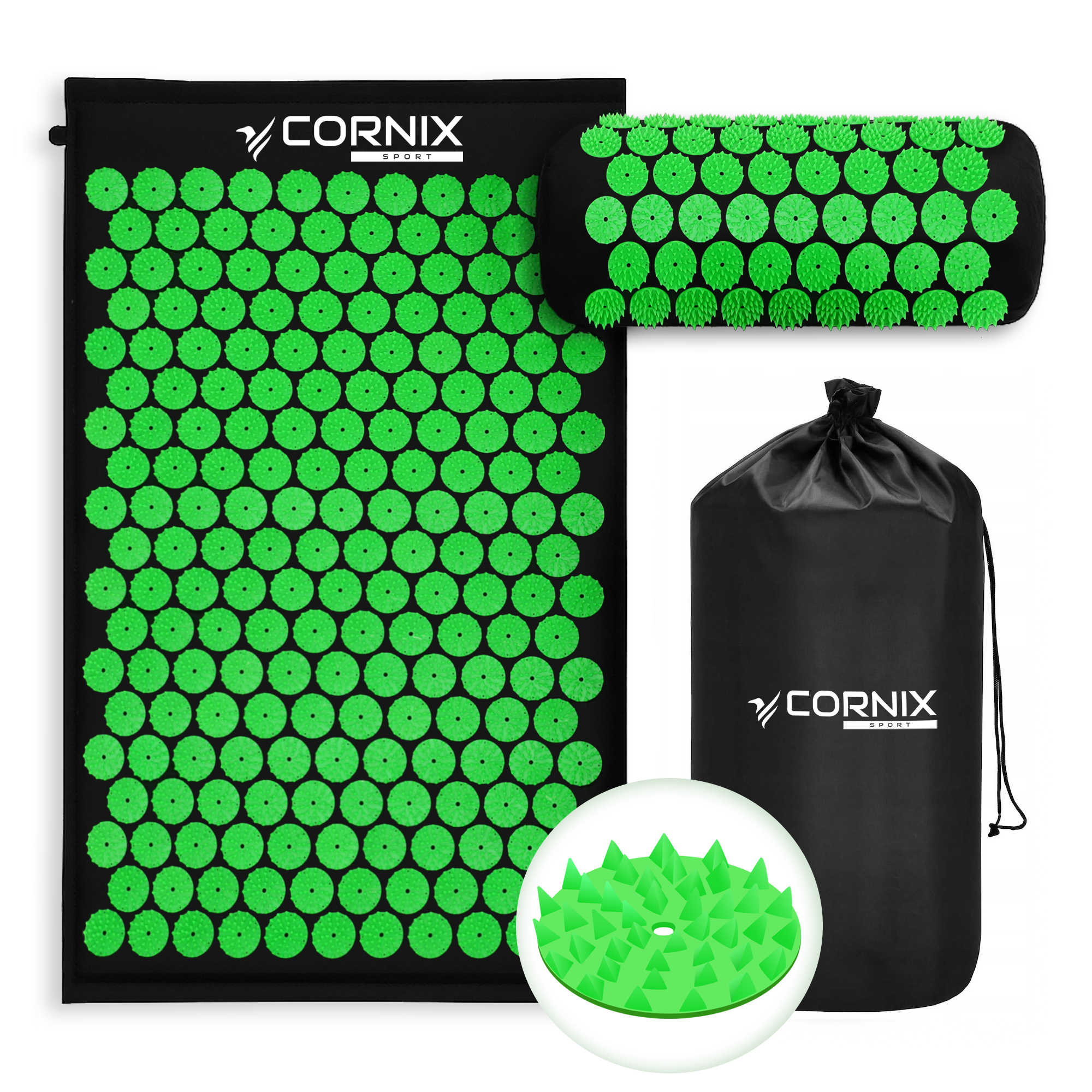 Килимок акупунктурний з валиком Cornix Classic Mat Аплікатор Кузнєцова XR-0110 Black/Green — фото 1