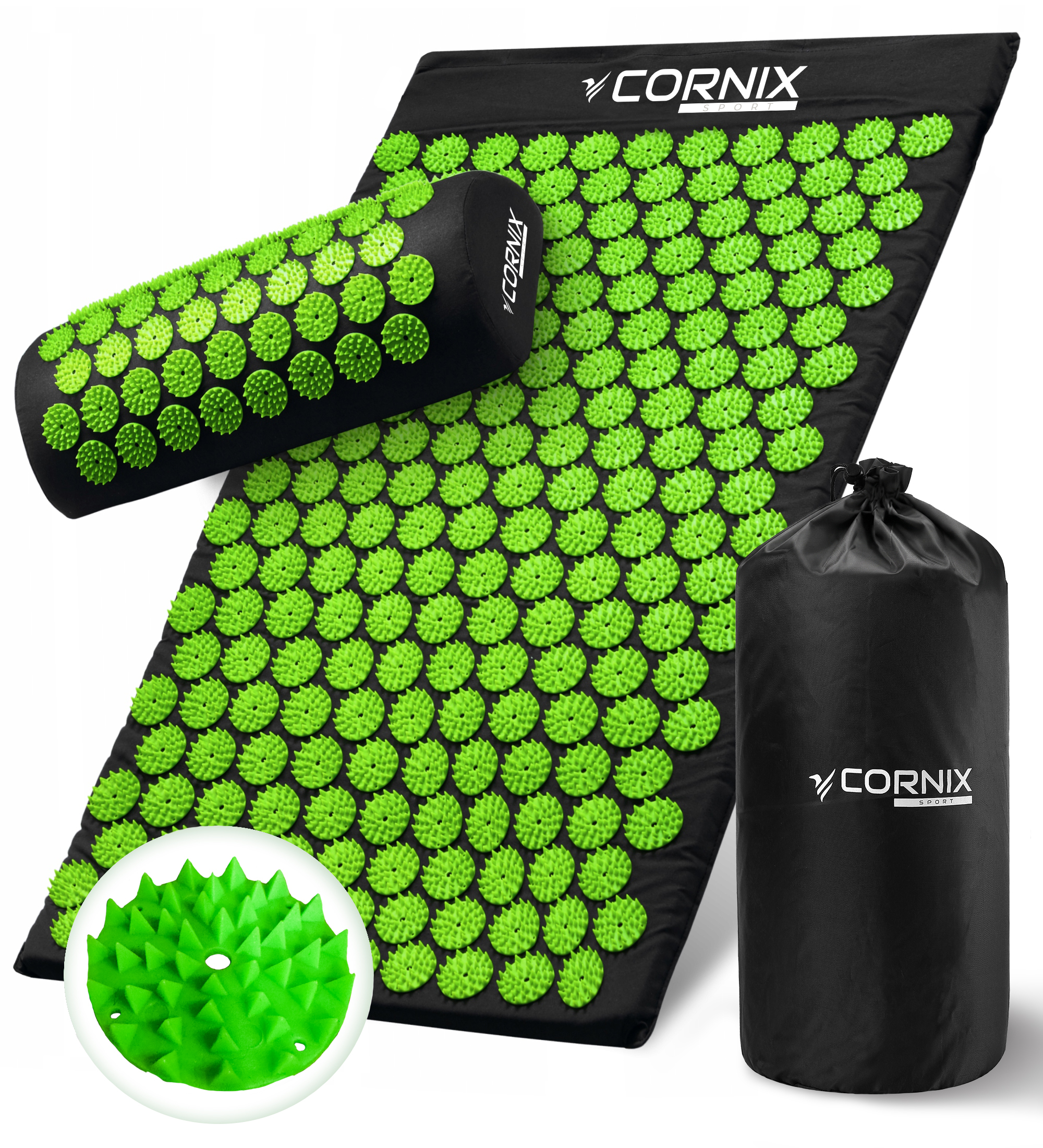 Килимок акупунктурний з валиком Cornix Classic Mat Аплікатор Кузнєцова XR-0110 Чорний/Зелений