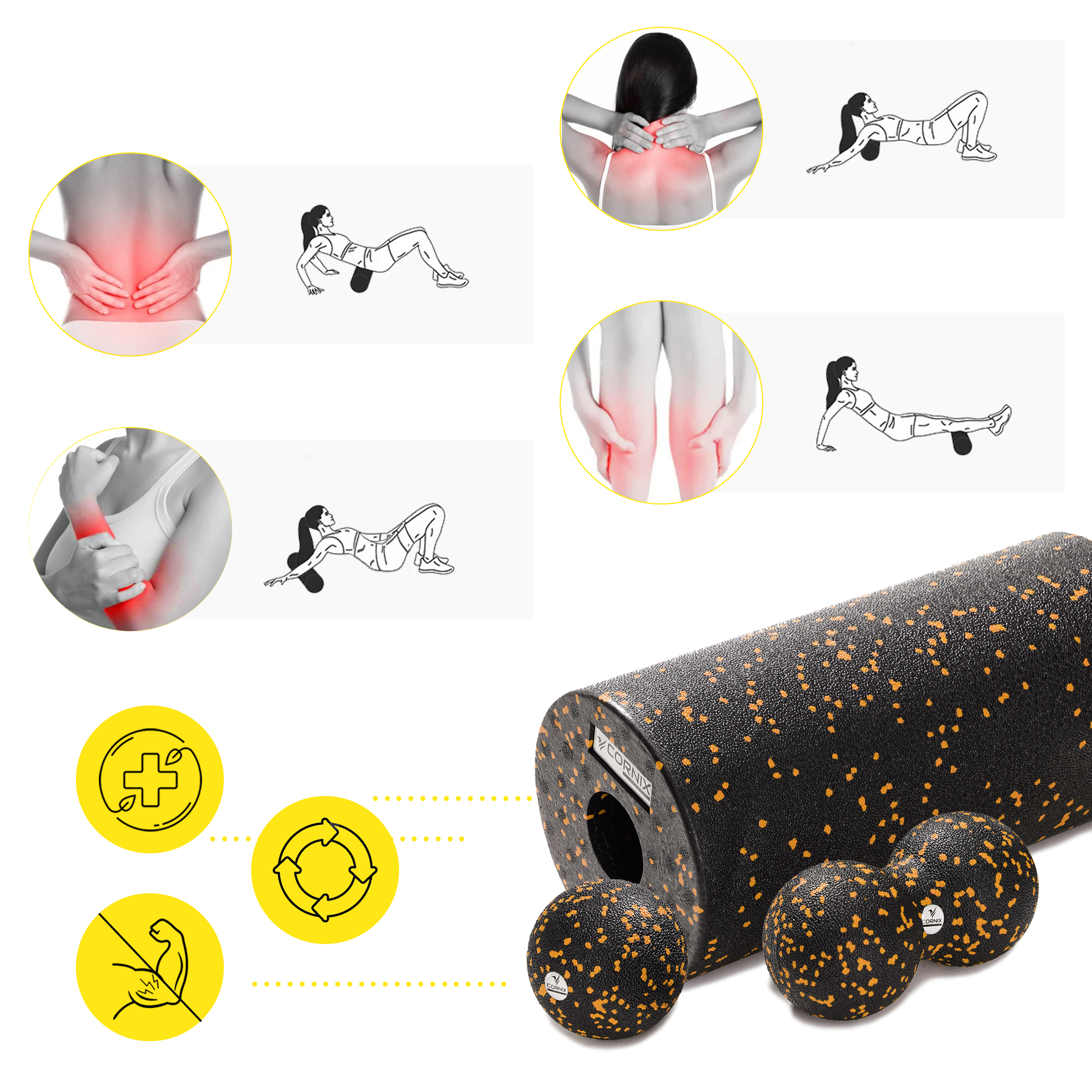 Масажний набір Cornix (Ball 8 см, Duoball 8 х 16 см та Foam Roller 30 х 15 см) XR-0081 — фото 4