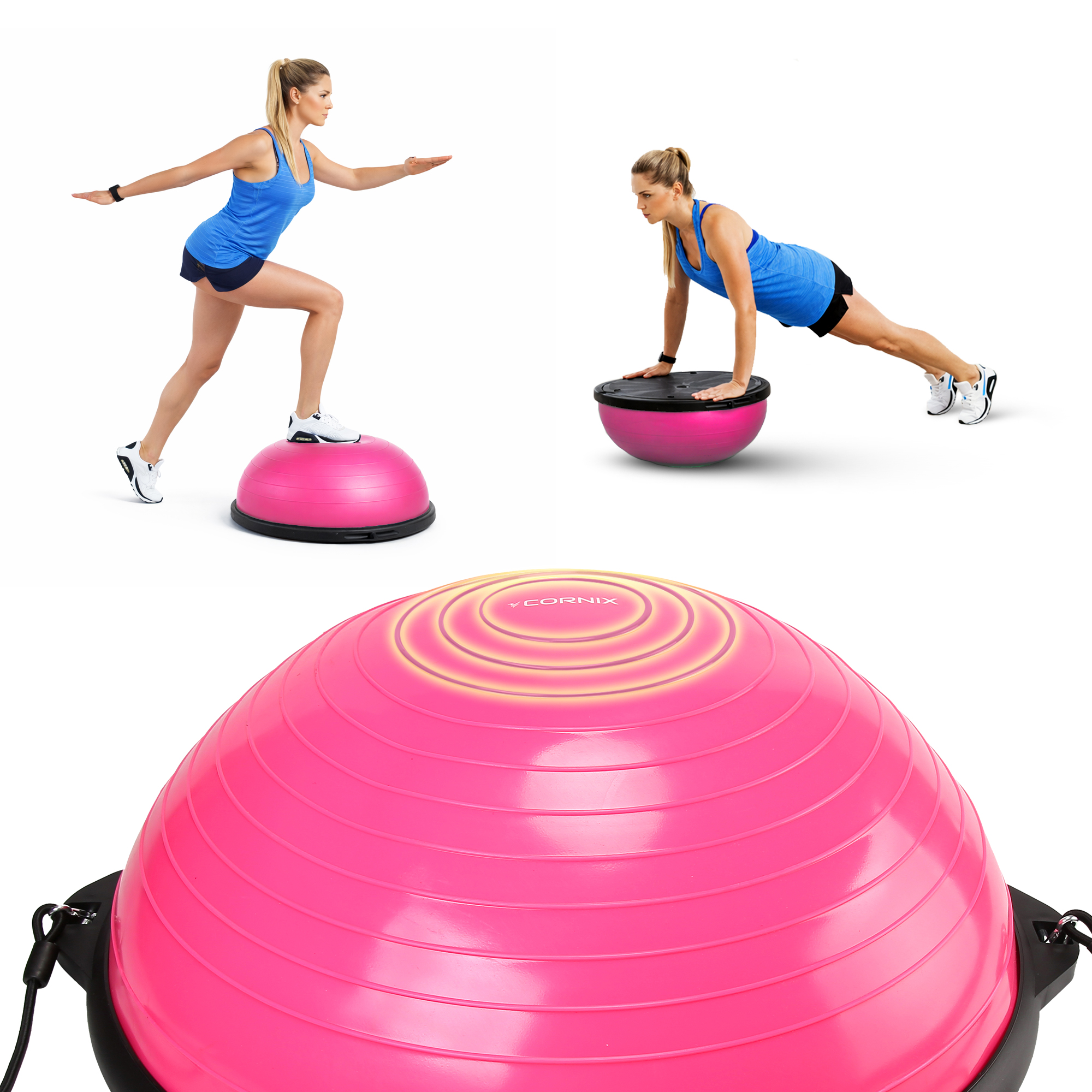Балансувальна платформа (півсфера) Cornix Bosu Ball 58 см з еспандерами XR-0456 Pink — фото 3