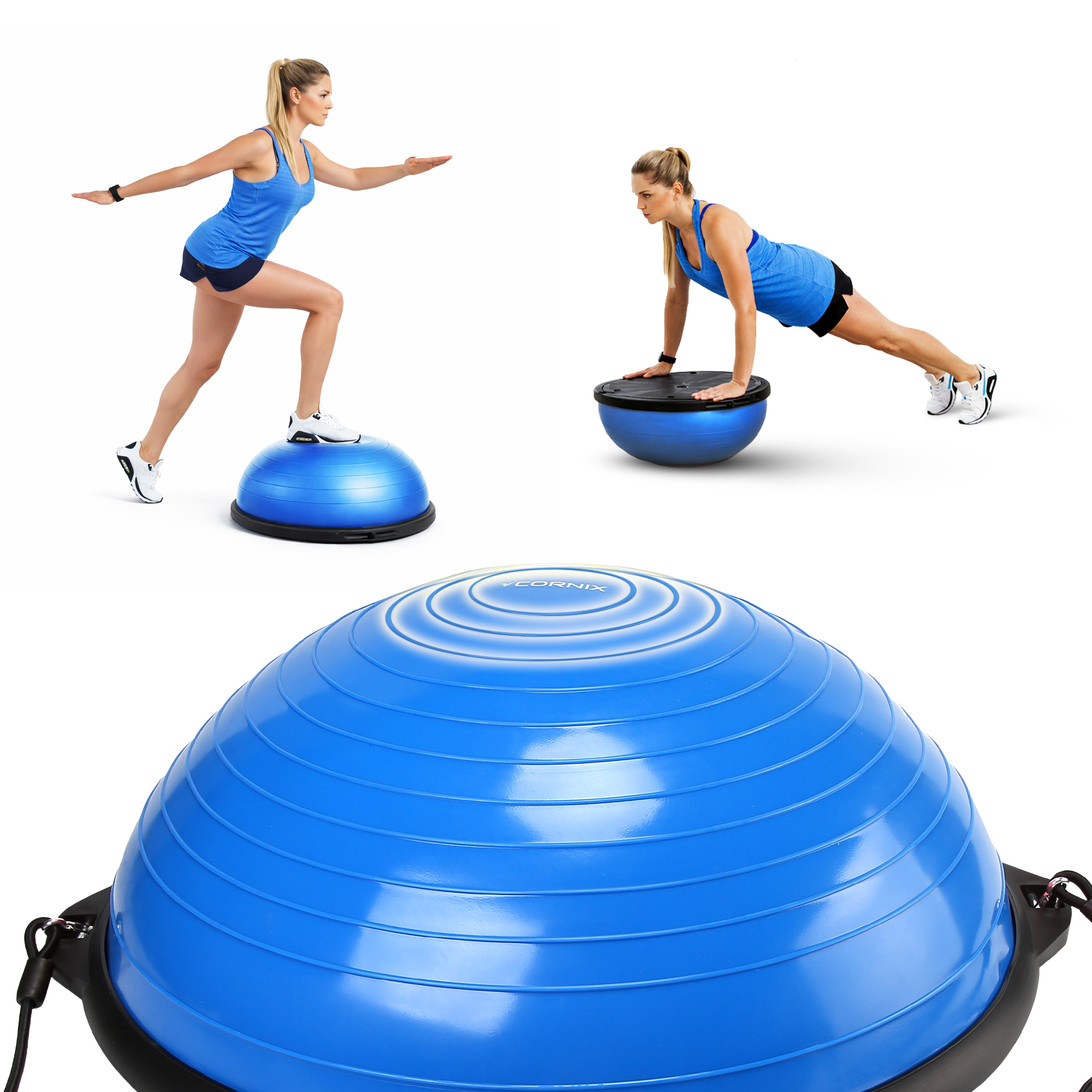 Балансувальна платформа (півсфера) Cornix Bosu Ball 58 см з еспандерами XR-0457 Blue — фото 5