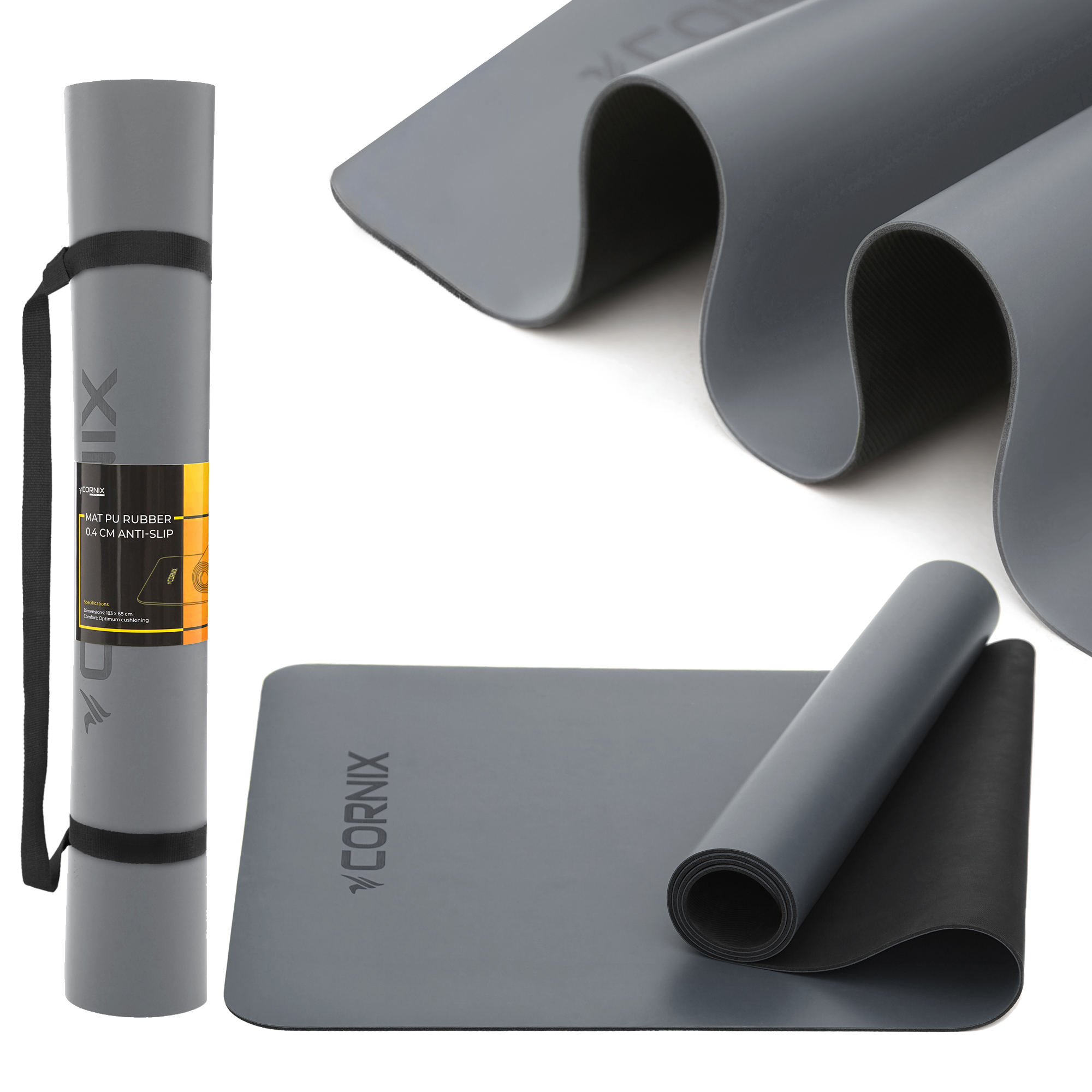 Килимок спортивний Cornix PU 183 x 68 x 0.4 см для йоги та фітнесу XR-0320 Grey — фото 1