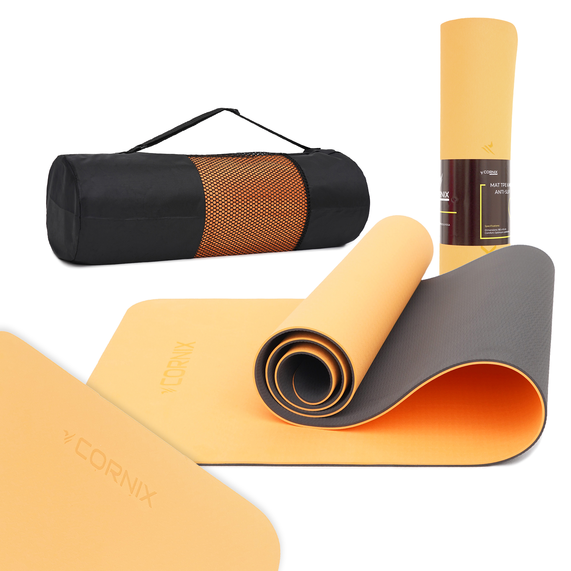 Килимок спортивний Cornix TPE 183 x 61 x 0.6 см для йоги та фітнесу XR-0001 Orange/Black — фото 1