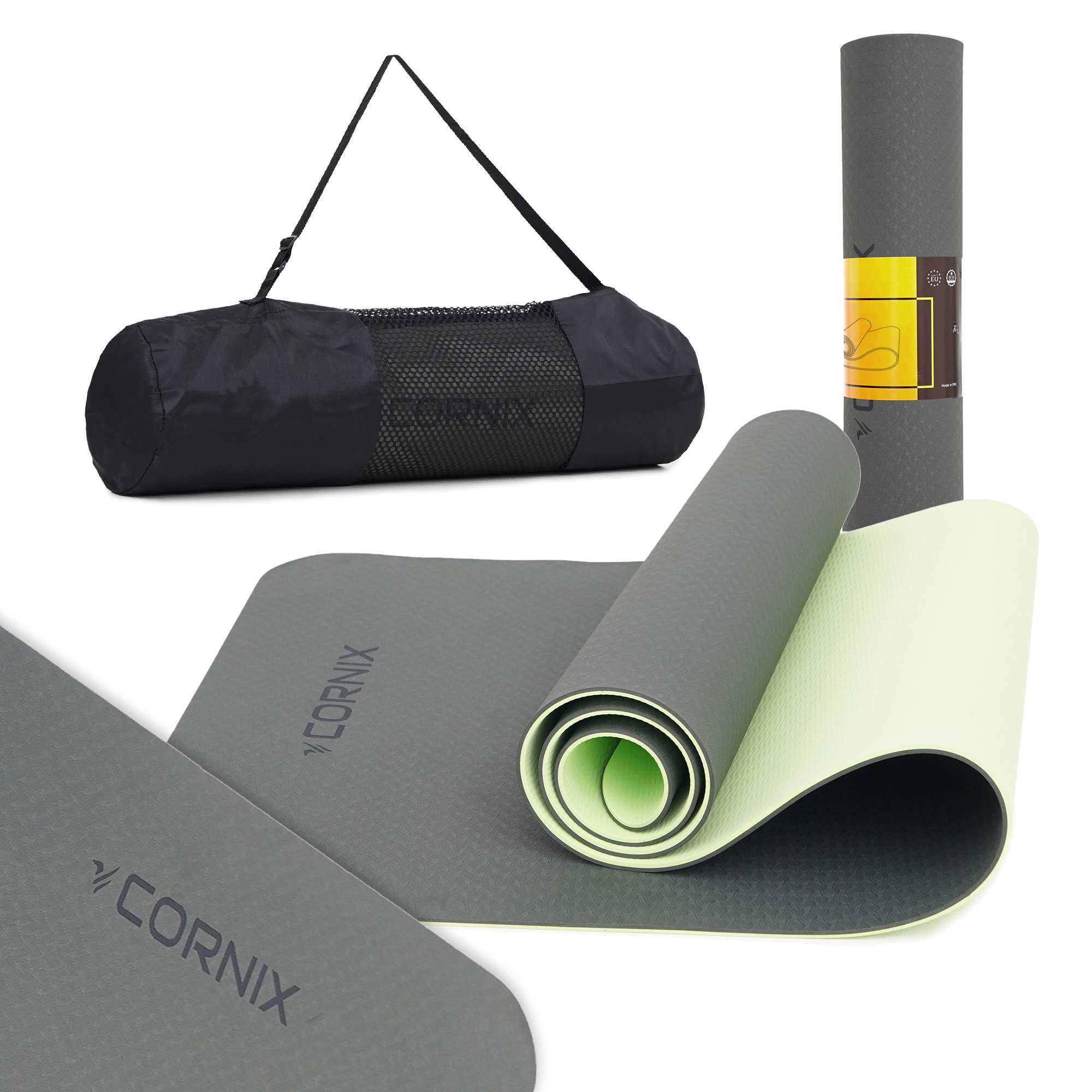 Килимок спортивний Cornix TPE 183 x 61 x 0.6 см для йоги та фітнесу XR-0002 Black/Green — фото 1