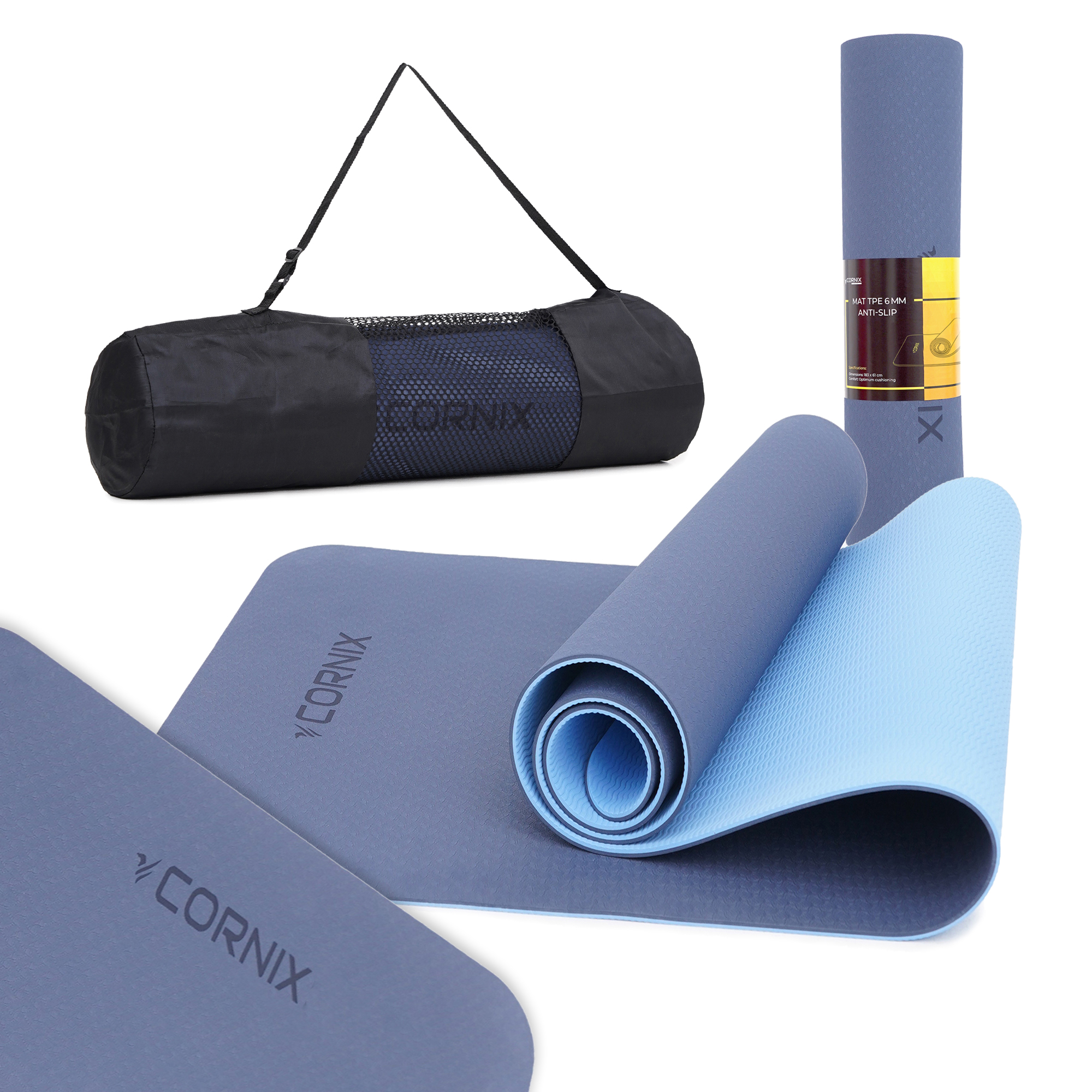 Килимок спортивний Cornix TPE 183 x 61 x 0.6 см для йоги та фітнесу XR-0003 Blue/Sky Blue — фото 1
