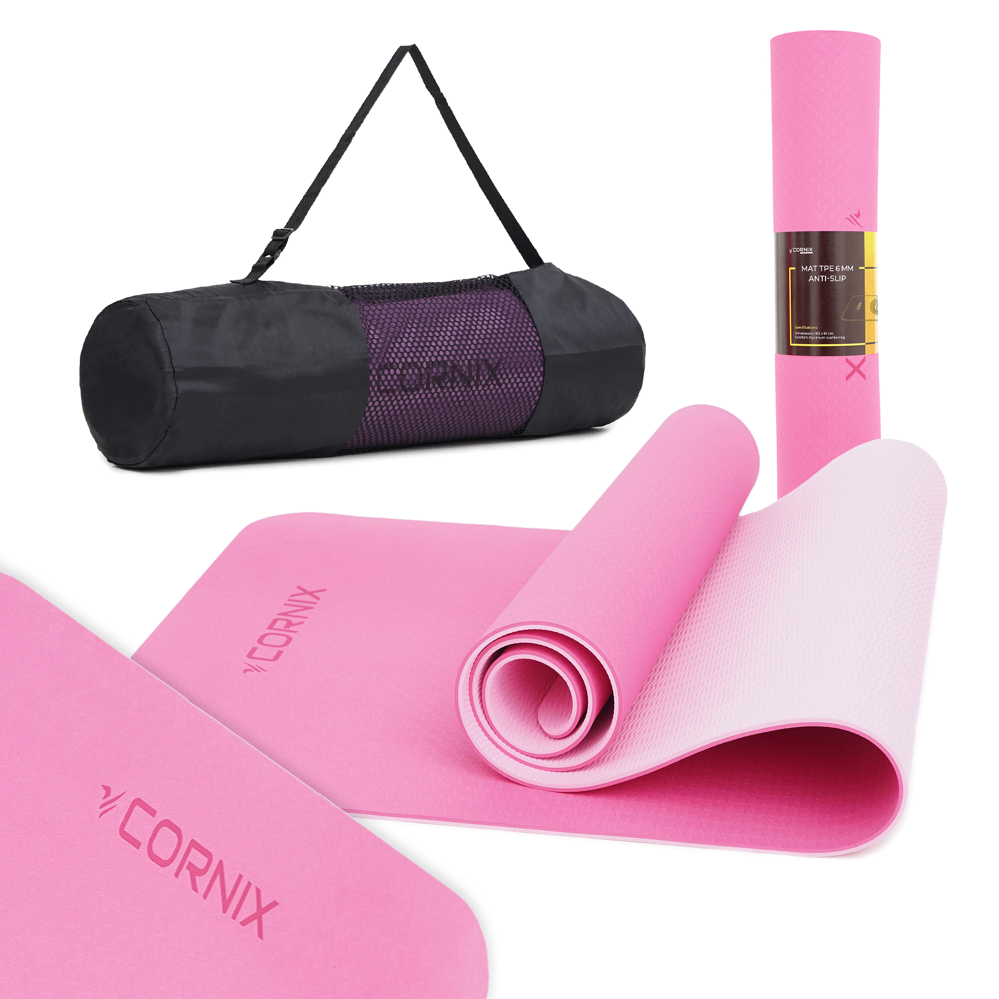 Килимок спортивний Cornix TPE 183 x 61 x 0.6 см для йоги та фітнесу XR-0005 Pink/Rose — фото 1