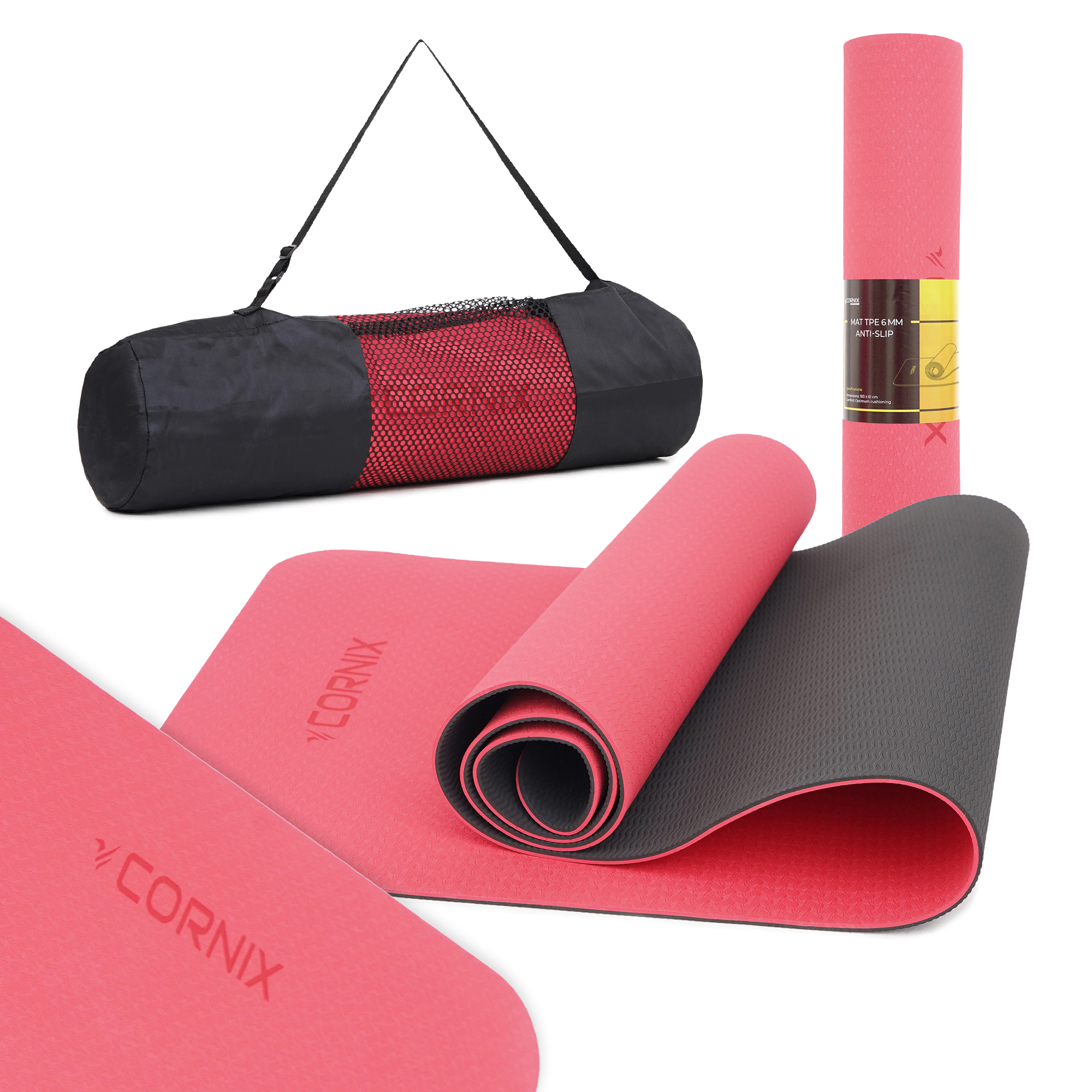 Килимок спортивний Cornix TPE 183 x 61 x 0.6 см для йоги та фітнесу XR-0006 Red/Black — фото 1