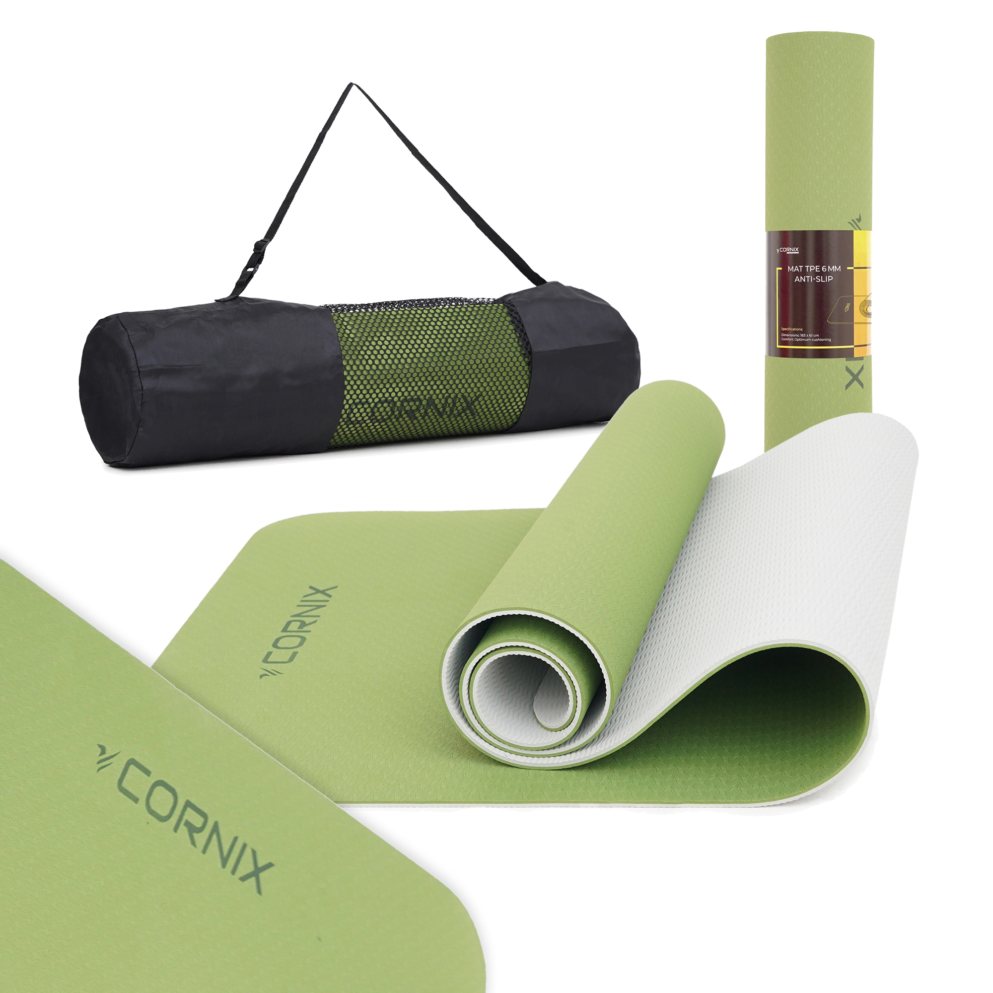 Килимок спортивний Cornix TPE 183 x 61 x 0.6 см для йоги та фітнесу XR-0008 Green/Grey — фото 1