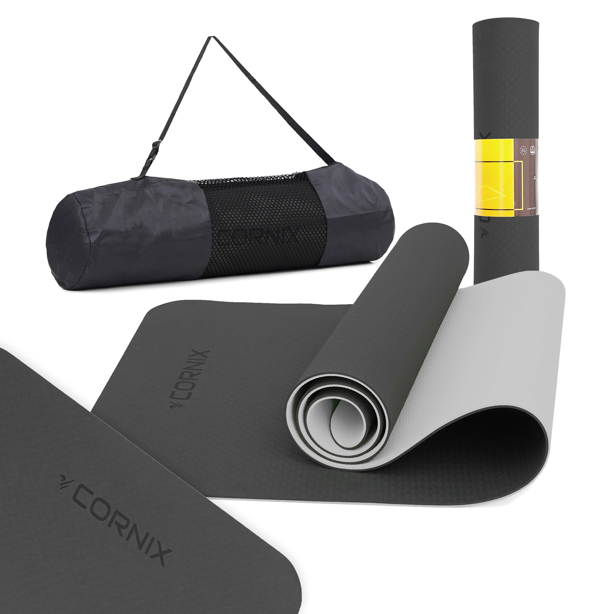 Килимок спортивний Cornix TPE 183 x 61 x 0.6 см для йоги та фітнесу XR-0349 Black/Grey — фото 1