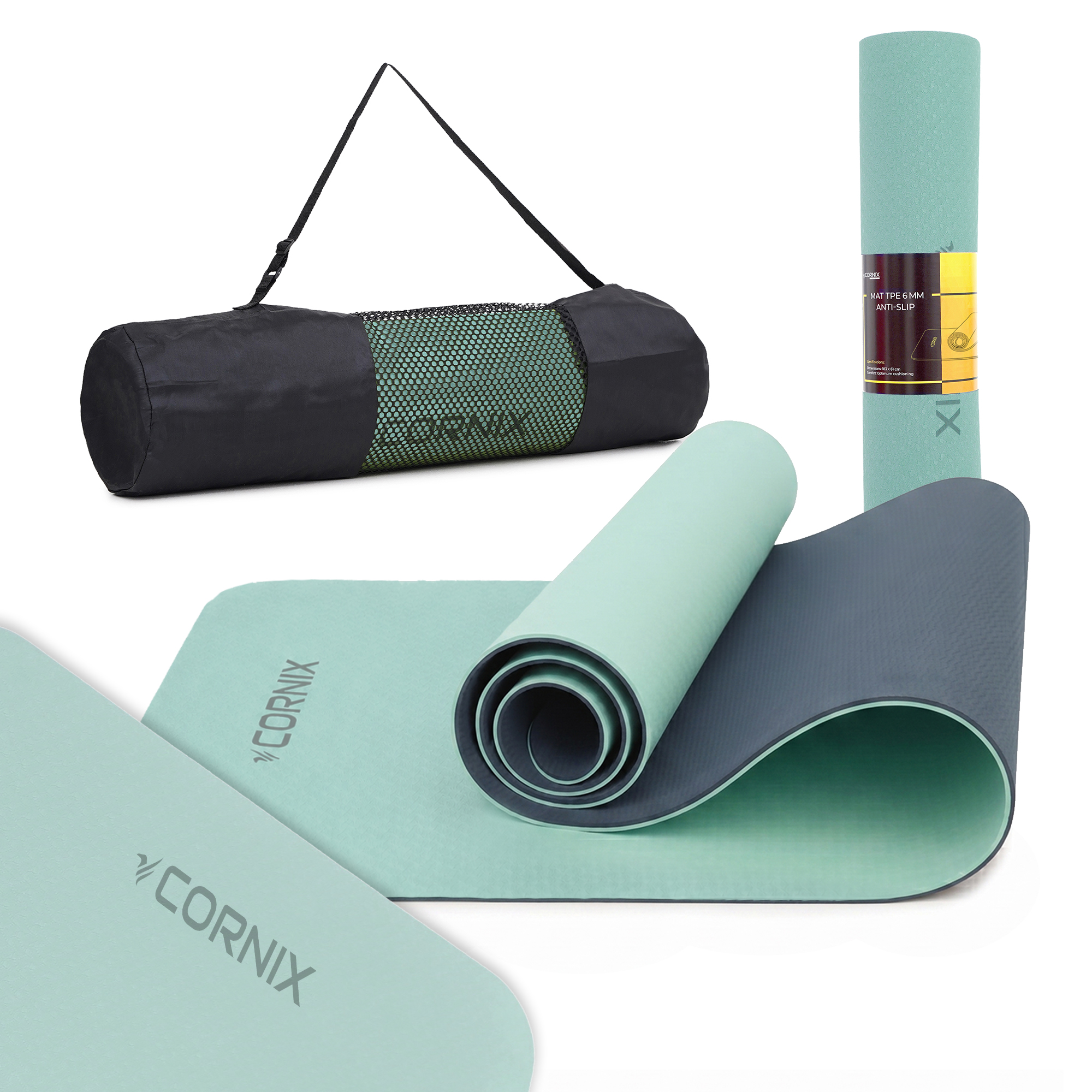 Килимок спортивний Cornix TPE 183 x 61 x 0.6 см для йоги та фітнесу XR-0492 Mint/Navy Blue — фото 1