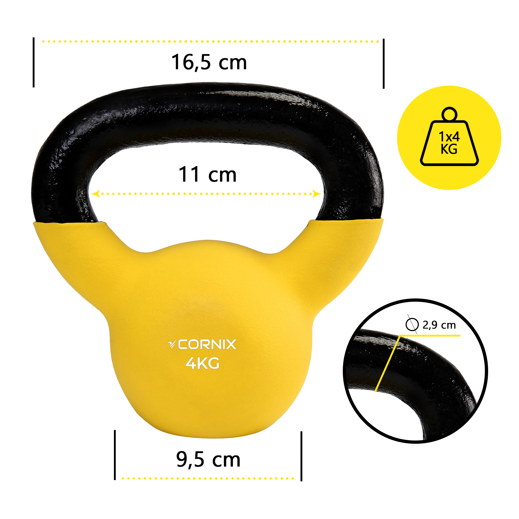 Гиря металева Cornix 4 кг з вініловим покриттям XR-0435 Yellow/Black — фото 2