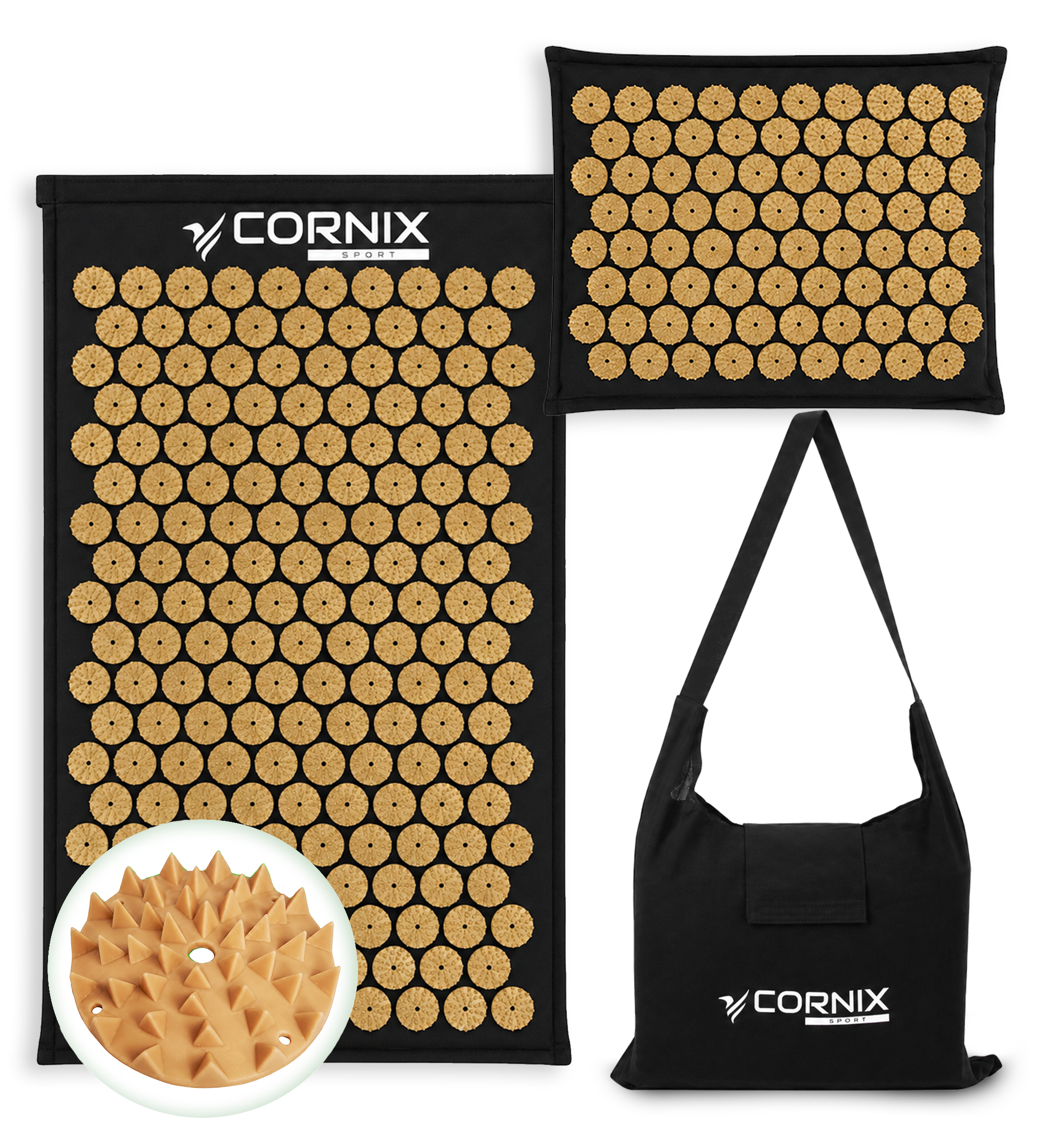 Килимок акупунктурний з подушкою Cornix Premium Mat Аплікатор Кузнєцова XR-0562 Чорний/Gold