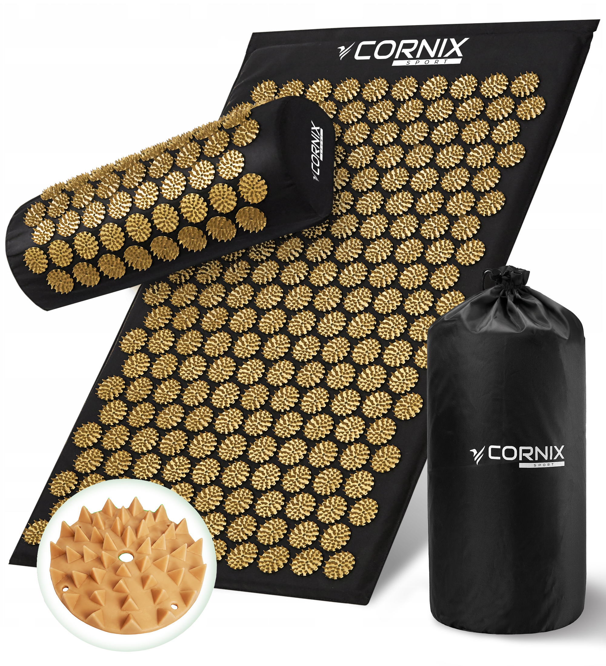 Килимок акупунктурний з валиком Cornix Classic Mat Аплікатор Кузнєцова XR-0494 Чорний/Gold